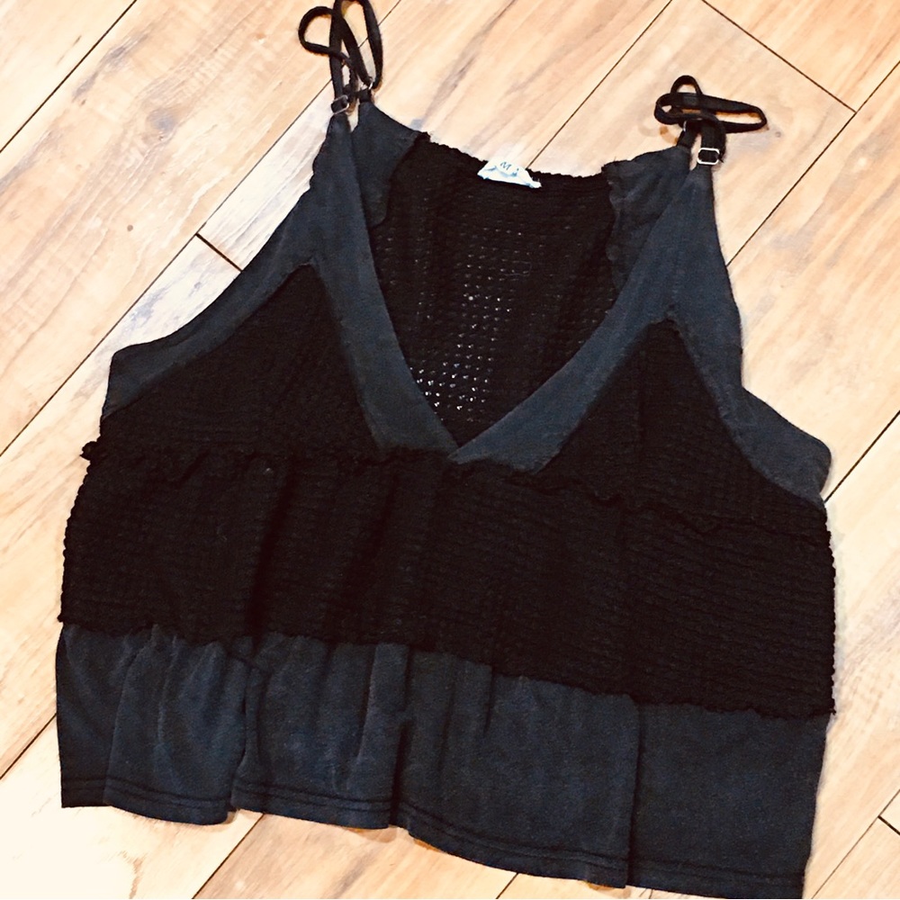 Waffle knit ruffle boho tank top shirt summer black grey gray preppy fes…